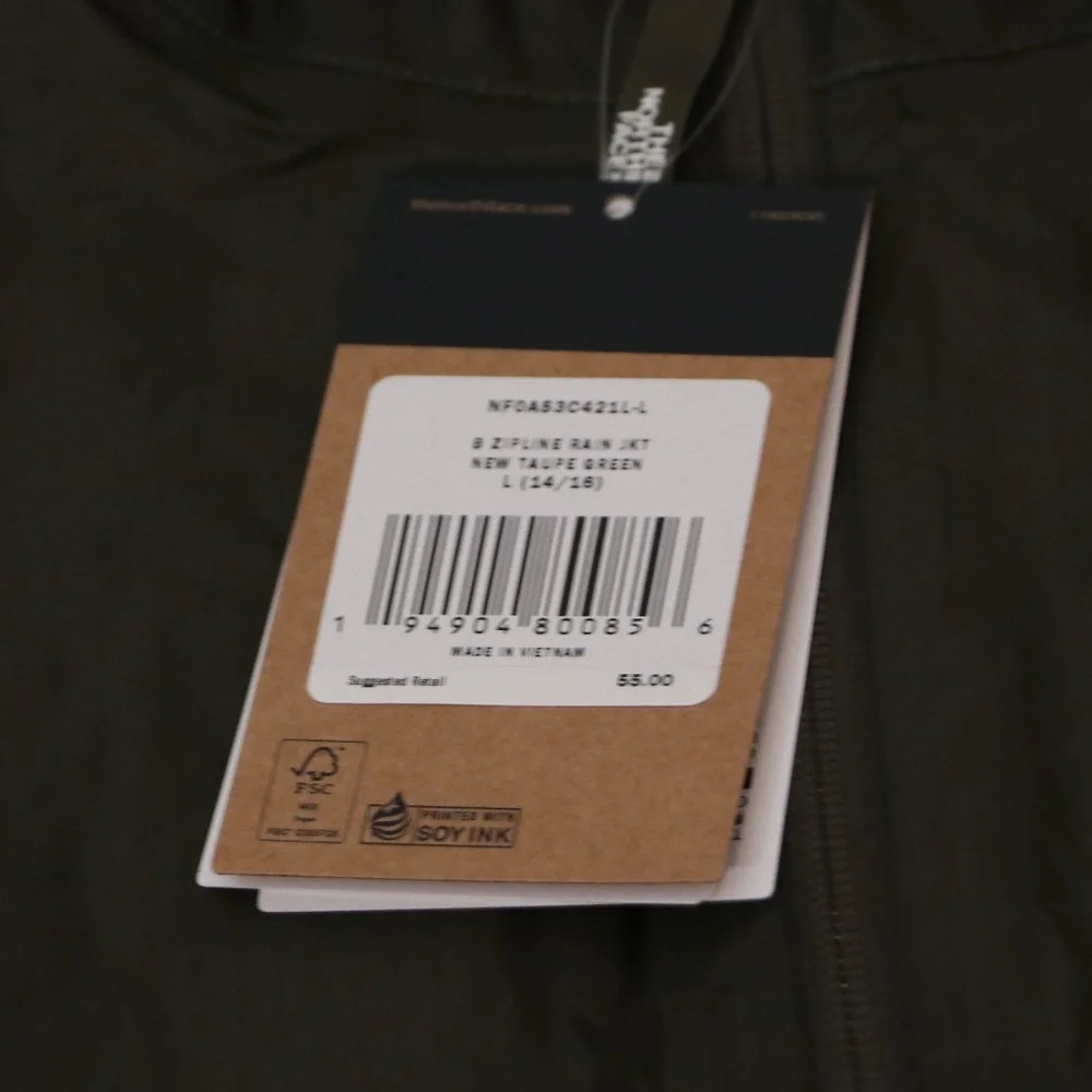 The North Face Boy's Zipline Rain Jacket New Taupe Green 14/16 Large